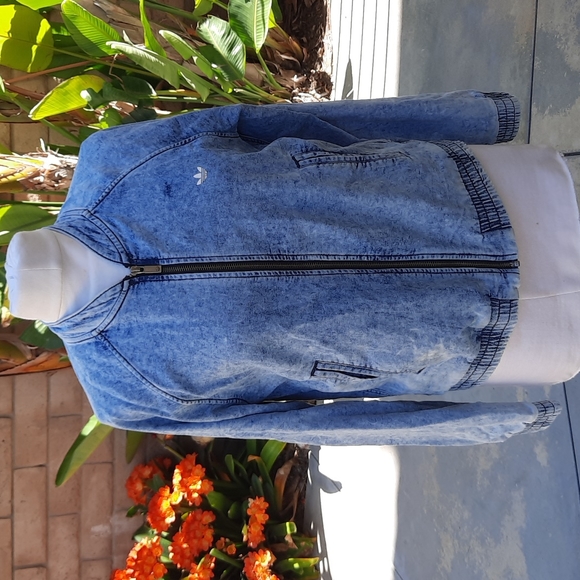 Adidas large acid wash jean denim bomber jacket